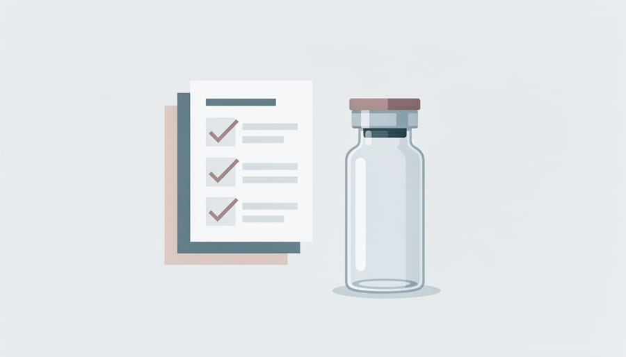 Gloved hand holding a sealed vial beside out-of-focus batch documentation