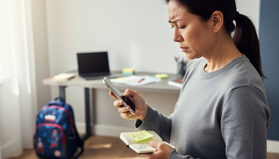 Parent seated at home holding a smartphone and notebook while pausing to regroup, with a blurred laptop and school items in the background.