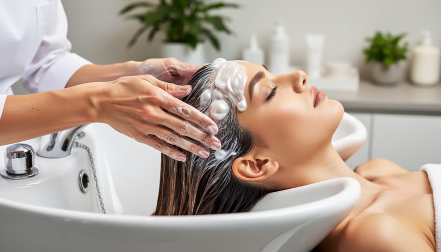 Close-up of hands applying hair treatment cream to a client’s scalp in a head spa