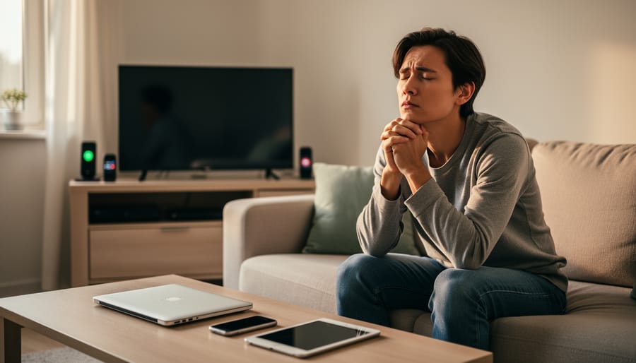 Person at home holding a smartphone while pausing to look at unread notes, symbolizing regrouping after digital changes