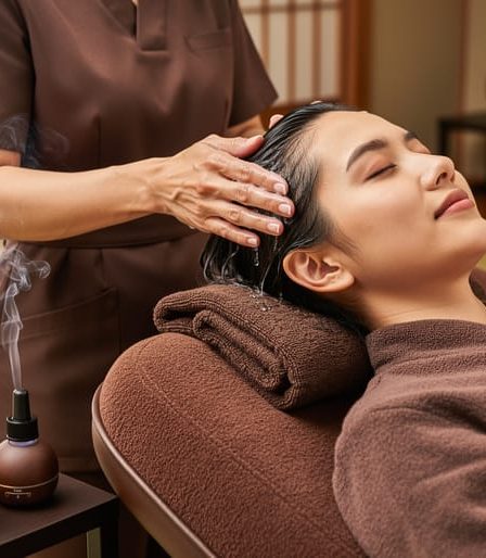 Therapist’s hands massaging a client’s scalp during a Japanese head spa, with warm oil bowls and a tranquil studio setting in the background.