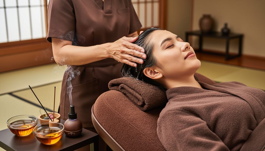 Therapist’s hands massaging a client’s scalp during a Japanese head spa, with warm oil bowls and a tranquil studio setting in the background.