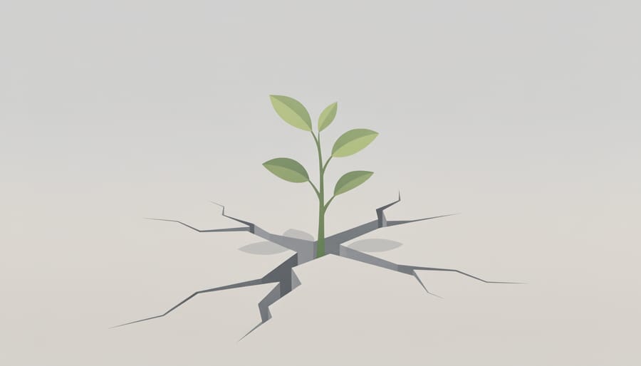 Close-up of a green plant emerging from cracked dry soil in a ceramic pot