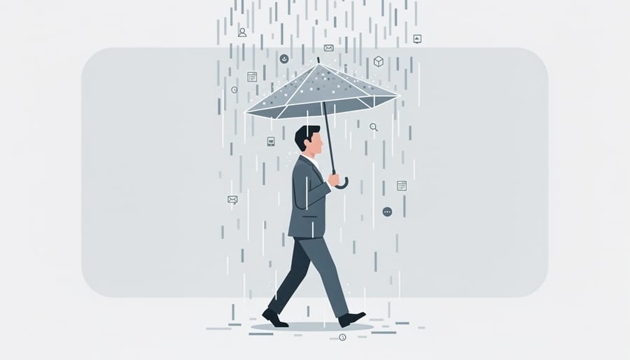 Person with an open umbrella walking through light rain, phone held away, symbolizing steady forward motion amid change