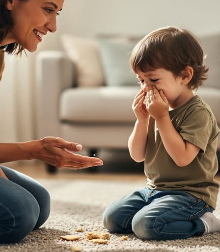 A parent kneels at eye level to comfort a preschool child who is upset after a small mess, with a broken cracker visible on the floor nearby.