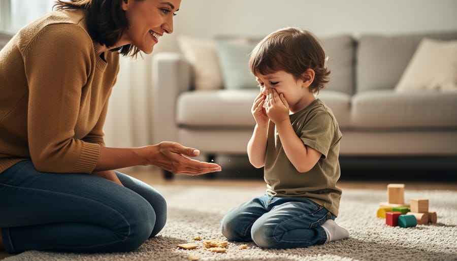 A parent kneels at eye level to comfort a preschool child who is upset after a small mess, with a broken cracker visible on the floor nearby.