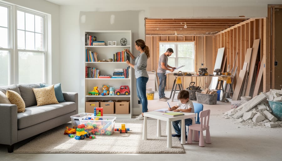 Family members arranging a covered clean zone in a living room during home renovation