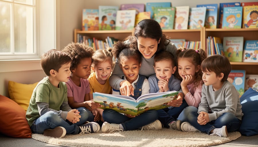 Preschool child and parent looking at a picture book about feelings