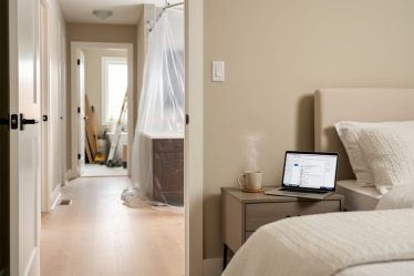 Kitchener home interior with a tidy primary bedroom temporary workstation and a hallway leading to partially protected renovation areas, suggesting a room-by-room renovation sequence that keeps family life running.