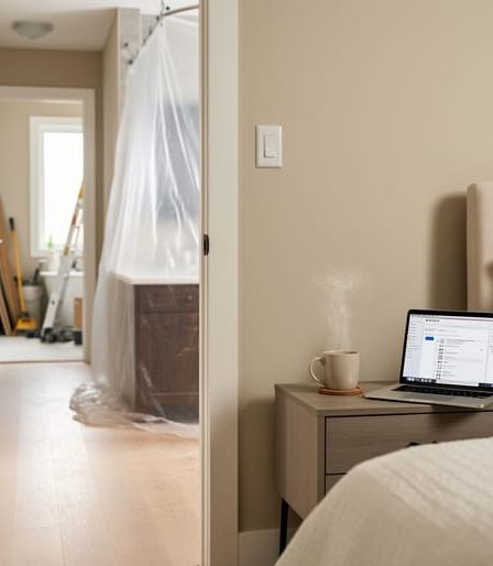 Kitchener home interior with a tidy primary bedroom temporary workstation and a hallway leading to partially protected renovation areas, suggesting a room-by-room renovation sequence that keeps family life running.