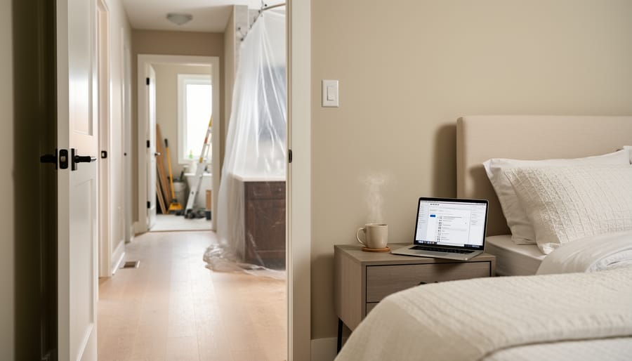 Kitchener home interior with a tidy primary bedroom temporary workstation and a hallway leading to partially protected renovation areas, suggesting a room-by-room renovation sequence that keeps family life running.