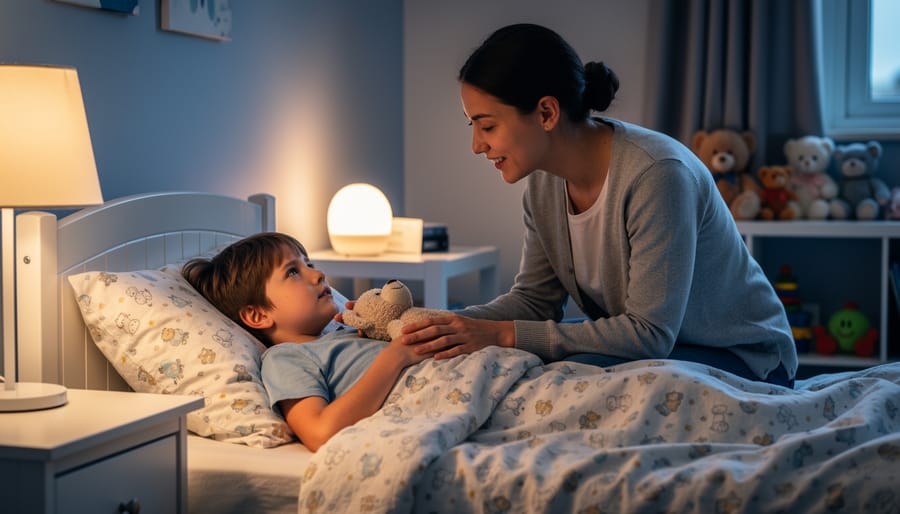 Parent kneeling beside a toddler during a bedtime comfort ritual with a stuffed animal